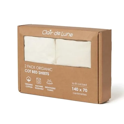 Clair de Lune Organic Cot Bed Sheets 2 Pack Fitted Jersey Cotton 70 x 140 cm (Cream) - Cream / 70 x 140 cm