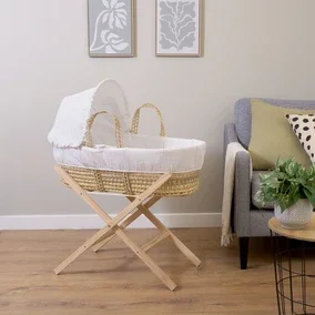 Clair de Lune Waffle Palm Moses Basket with Natural Folding Stand - White