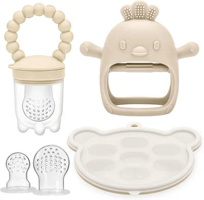 CLDY Baby Fruit Food Feeder & Breastmilk Popsicle Freezer Molds, Baby Food Dummy Feeder, BPA Free Silicone Teether for Toddler Infant for 3 Month+ Toddler Teething & Infant Self Feeding (Beige) - Bear Plaid + Chicken Beige