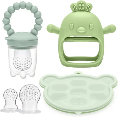 CLDY Baby Fruit Food Feeder & Breastmilk Popsicle Freezer Molds, Baby Food Dummy Feeder, BPA Free Silicone Teether for Toddler Infant - Bear Plaid + Chicken Green