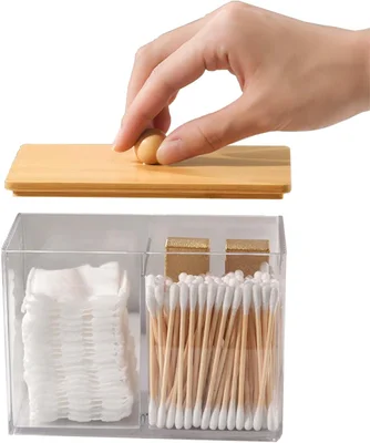 Clear Acrylic Cotton Wool Holder 3 Compartment Cotton Bud Holder with Wood Lid, Qtips Holder Dispenser Bathroom Jars with Lid, bathroom essentials Square-Shaped - Scatola trasparente per cotton fioc