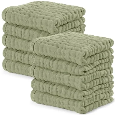 Comfy Cubs Muslin Burp Cloths 50 x 25 cm, Pack of 10 - Large 6-Layer Ultra-Absorbent 100% Cotton for Babies Drool & Messes - Safe & Gentle Baby Burp Cloth Set for Boys & Girls - Sand - Sage / 10-Pack 25 x 25 cm