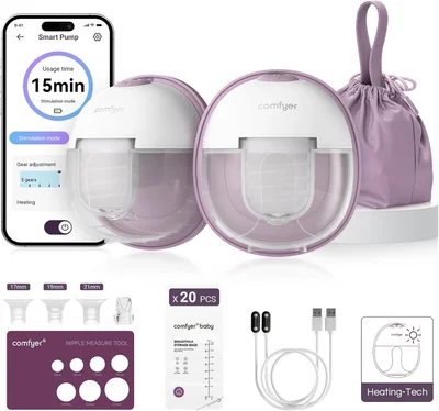 comfyer Heated Breast Pump Hands Free, Industry-Leading Heating Tech, Innovative Magnetic Charging Base, App Discreet Control, 20pcs Breastmilk Storage Bags Included, Hospital-Grade Suction, 2 Pack
