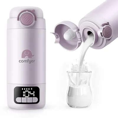 Comfyer Portable Bottle Warmer on The Go for Baby, Dual Heating Modes for Breast Milk & Water, Fast Heating and Long Battery Life 12000 mAh, 340 ml Capacity, for Car and Plane Travel - Light Purple