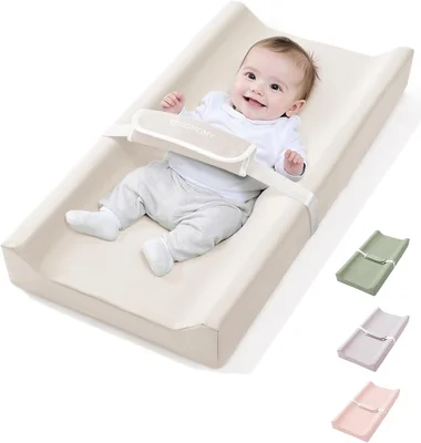 COMOMY Vegan Leather Baby Changing Mat with Waterproof and Soft PU Cover, Anti-Roll and Anti-Slip Wedge Changing Pad with Safety Straps, Portable Nappy Change Mat, for Dresser and Table