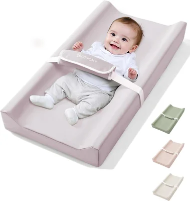 COMOMY Vegan Leather Baby Changing Mat with Waterproof and Soft PU Cover, Anti-Roll and Anti-Slip Wedge Changing Pad with Safety Straps, Portable Nappy Change Mat, for Dresser and Table
