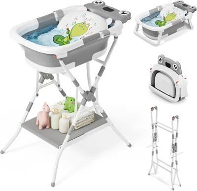 COOSEYA 3 in 1 Foldable Baby Bath with Stand, Baby Bath Tub for Newborn to Toddler with Support Soft Cushion, Foldable Design for Travel and Outdoor, Baby Shower Gifts, 0-18Months, Frog Grey