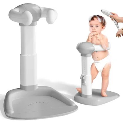 COOSEYA ® Baby Shower Standing Support, Toddler Bath Seat for Stand Up Showering with AdjustableThicker Cylinder, Anti-Slip Base, Hug Tower for 8-36 Months Safety & Stable, Ideal Baby Shower Gifts - Grey And White / 35 x 40 x 103 cm