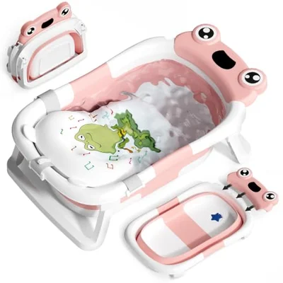COOSEYA Foldable Baby Bath Tub for Newborn, Collapsible Baby Bathtub with Soft Support Cushion (0-18Months), Baby Shower for Infant to Toddler Gift, Travel Outdoor Design (Pink) - Pink