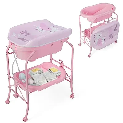 COSTWAY 4 in 1 Baby Changing Table, Folding Infant Nursery Station with Bath Tub, 4 Universal Wheels, PVC Pad and Storage Tray, Portable Newborn Massage Tables Diaper Organizer (Light Grey)