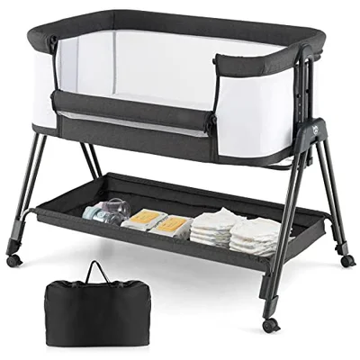 COSTWAY Baby Bedside Crib, Easy Folding Cot Bed with Mattress, All-Side Mesh, Storage Shelf and Travel Bag, Height Adjustable Newborn Sleeper for Birth to 9kg (Light Grey)
