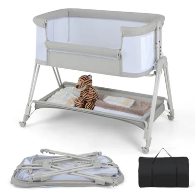 Costway Baby Bedside Crib - Light Grey / 54L x 97W x 86.5H cm
