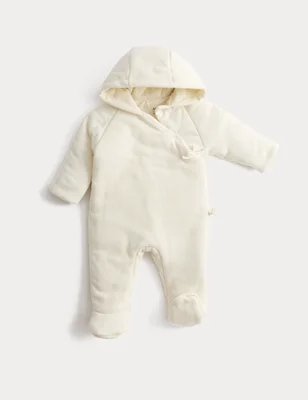 Cotton Rich Hooded Wrap Pramsuit (0-12 Mths) - Light Cream
