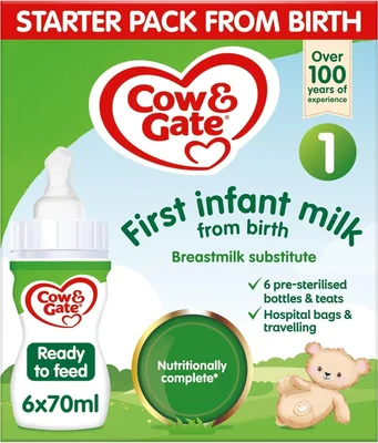 Cow & Gate 1 First Baby Milk Formula, Starter Pack From Birth, 6x70ml - 200 ml (Pack of 4)