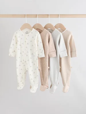 Cream 4 Pack Two Way Zip Baby Sleepsuits (0-2yrs)