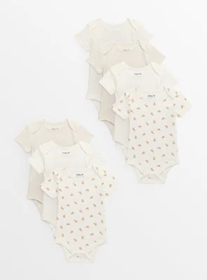 Cream Bear Print Short Sleeve Bodysuits 7 Pack