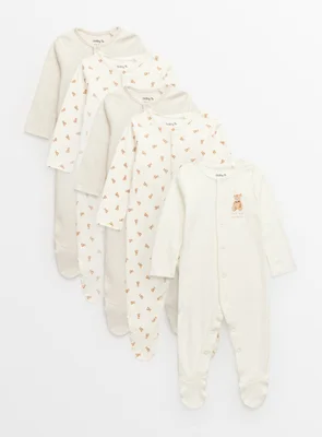 Cream Bear Print Sleepsuits 5 Pack Up to 1 mth - Cream / Up To 1 Mth