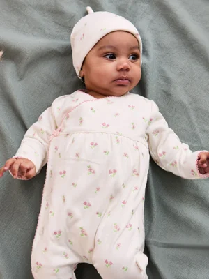 Cream Floral Embroidered Pretty Sleepsuit & Hat
