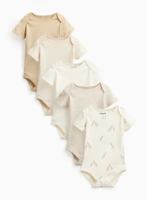 Cream & Giraffe Print Short Sleeve Bodysuits 5 Pack 3-6 months - Cream / 3-6 Months