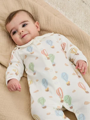 Cream Hot Air Balloon Print Cotton Collared Footed Sleepsuit - Size Newborn - Default