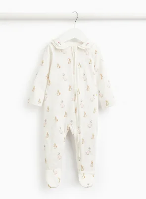 Cream Peter Rabbit Print Frilly Collar Sleepsuit