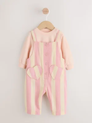 Cream/ Pink Stripe Baby Dungarees and Bodysuit Set 2 Piece - Cream/ Pink Stripe / Up To 1Mth