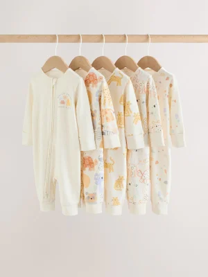 Cream Safari Two Way Zip Baby Sleepsuits 5 Pack (0mths-3yrs)