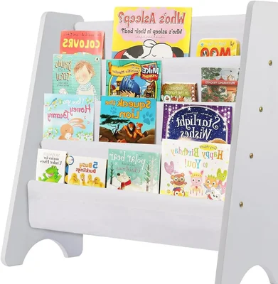 CROWNSHOP Children's Bookshelf 4 Tier Childrens Bookcase Wooden Kids Sling Storage Nursery Bookcase Shelf with Soft Canvas for Kids Room and Nursery White 61 * 60 * 26.5CM - White