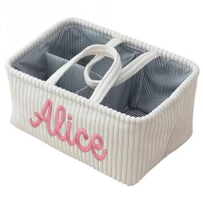 Custom Corduroy Diaper Caddy, Personalized Baby Storage Basket with Name, Nursery Organizer Basket, Gift for New Mom, Baby Shower(White) - White / One Size