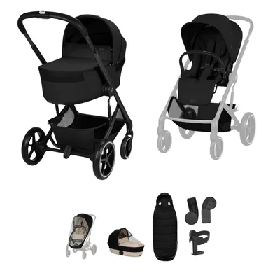 Cybex Balios S Lux Pushchair & Folding Carrycot Accessory Bundle- Moon Black