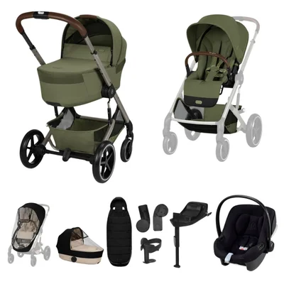 Cybex Balios S Lux Pushchair & Folding Carrycot Ultimate Aton B2 Travel System - Moss Green