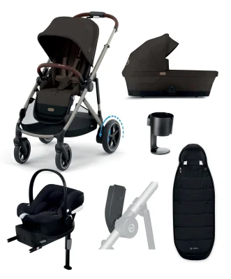 Cybex e-Gazelle S Electric Pushchair Bundle with Cybex Aton B2 i-Size Car Seat and Base (6 Pieces) – Chocolate Brown