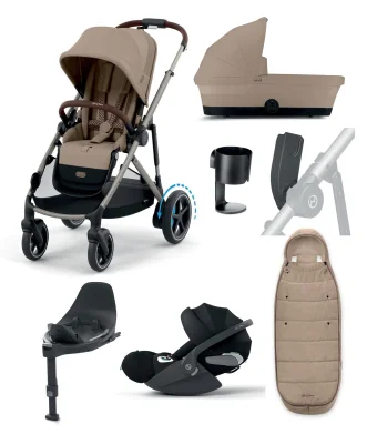 Cybex e-Gazelle S Electric Single to Double Pushchair Bundle with Cybex Cloud T i-Size Rotating Car Seat (7 Pieces) - Almond Beige