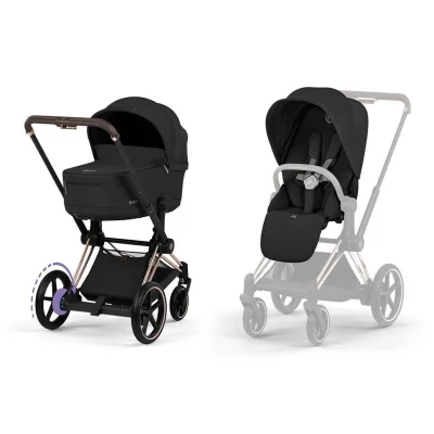 Cybex e-Priam Comfort Pushchair & Foldable Carrycot - Sepia Black/Rose Gold