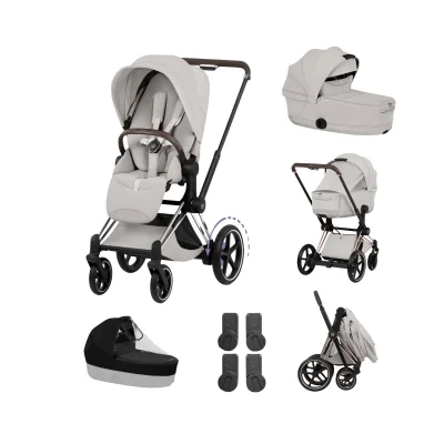 Cybex e-Priam Pushchair & Fold Cot Bundle - Chrome Brown/City Grey