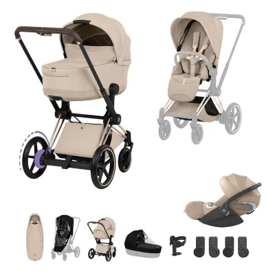 Cybex e-Priam Ultimate Accessory Bundle - Chrome Brown / With Base / Cozy Beige / Rose Gold