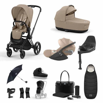 Cybex Priam 3-in-1 Travel System with Cloud T Car Seat & Base 12-Piece Bundle - Black/Cozy Beige - Cozy Beige