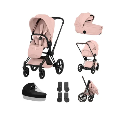 Cybex Priam Pushchair & Fold Cot Bundle - Matt Black/Peach Pink