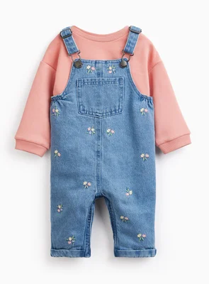 Denim Floral Print Dungarees & Bodysuit Set - Denim / 3-6 Months
