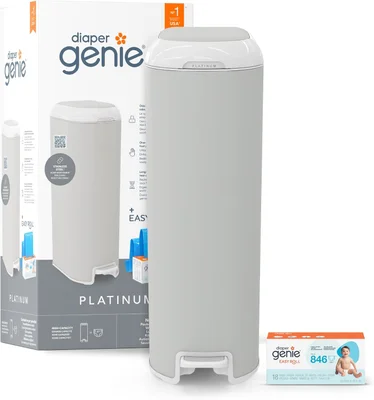 Diaper Genie Platinum – Stainless Steel Diaper Pail | Large Capacity 47 Diapers | Odor Control | Hands-Free Pedal | Grey