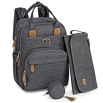 Dikaslon Baby Changing Bags Backpack, Large Baby Bag, 19 Pockets, Outdoors - Dark Grey01 / 3 Piece Set