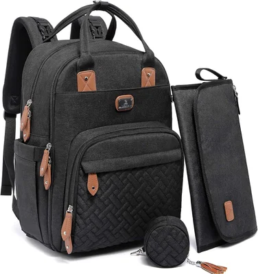 Dikaslon Changing Bag Backpack, Large Nappy Back Pack Multifunction Baby Bags with Portable Changing Mat, Pacifier Holder, and Stroller Straps, for Mom and Dad - Black