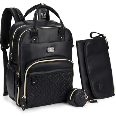 Dikaslon Baby Changing Bags Backpack, Large Baby Bag, 19 Pockets, Outdoors - Black Leather