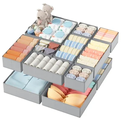 DIMJ 12 Pack Drawer Organisers Foldable Storage Box Fabric Drawer Dividers Wardrobe Storage Organiser Storage Cubes for Bras, Socks, Underwear, Ties, Scarves, Cosmetics