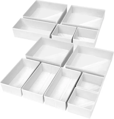 DIMJ Baby Clothes Organiser for Drawers - 12 Pack Fabric Wardrobe Storage Organiser Dresser Drawer Dividers Clothes Sock Storage for Bedroom,Desk,Wardrobe(White) - Linen White / 12 Pack