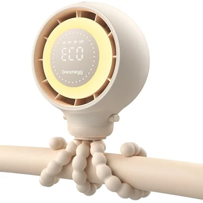 Dreamegg Portable Baby Pram Fan with Smart Display, 4000mAh|Child-Safe Hidden Blade & Lock|4 Speeds|360° Adjustable|Detachable|Night Light|Low Power Warning|For Stroller, Car Seat, Nursery & Bedroom - Beige