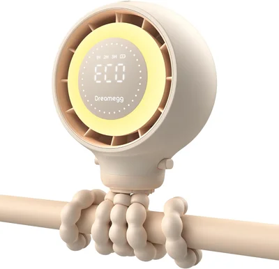 Dreamegg Portable Baby Pram Fan with Smart Display, 4000mAh|Child-Safe Hidden Blade & Lock|4 Speeds|360° Adjustable|Detachable|Night Light|Low Power Warning|For Stroller, Car Seat, Nursery & Bedroom - Breeze Ivory