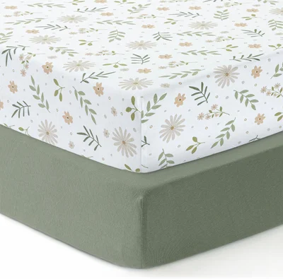 Dreamology Cot Bed Sheets - Green/Flowers / 70x140cm