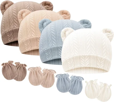 DRESHOW Newborn Baby Beanie Hat and Gloves, Baby Girl Beanie Spring Summer Autumn Winter Hats for 0-6 Months Infant Cotton