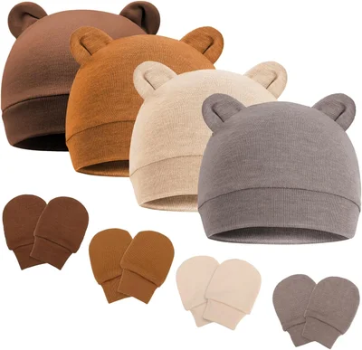 DRESHOW Newborn Baby Beanie Hat and Gloves, Baby Girl Beanie Spring Summer Autumn Winter Hats for 0-6 Months Infant Cotton